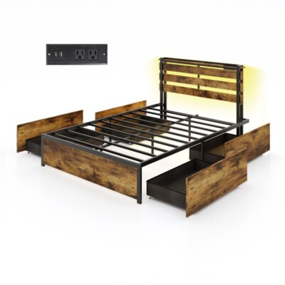 Full Size Platform Bed Frame Heavy Duty With Drawers LED Lights and USB Ports