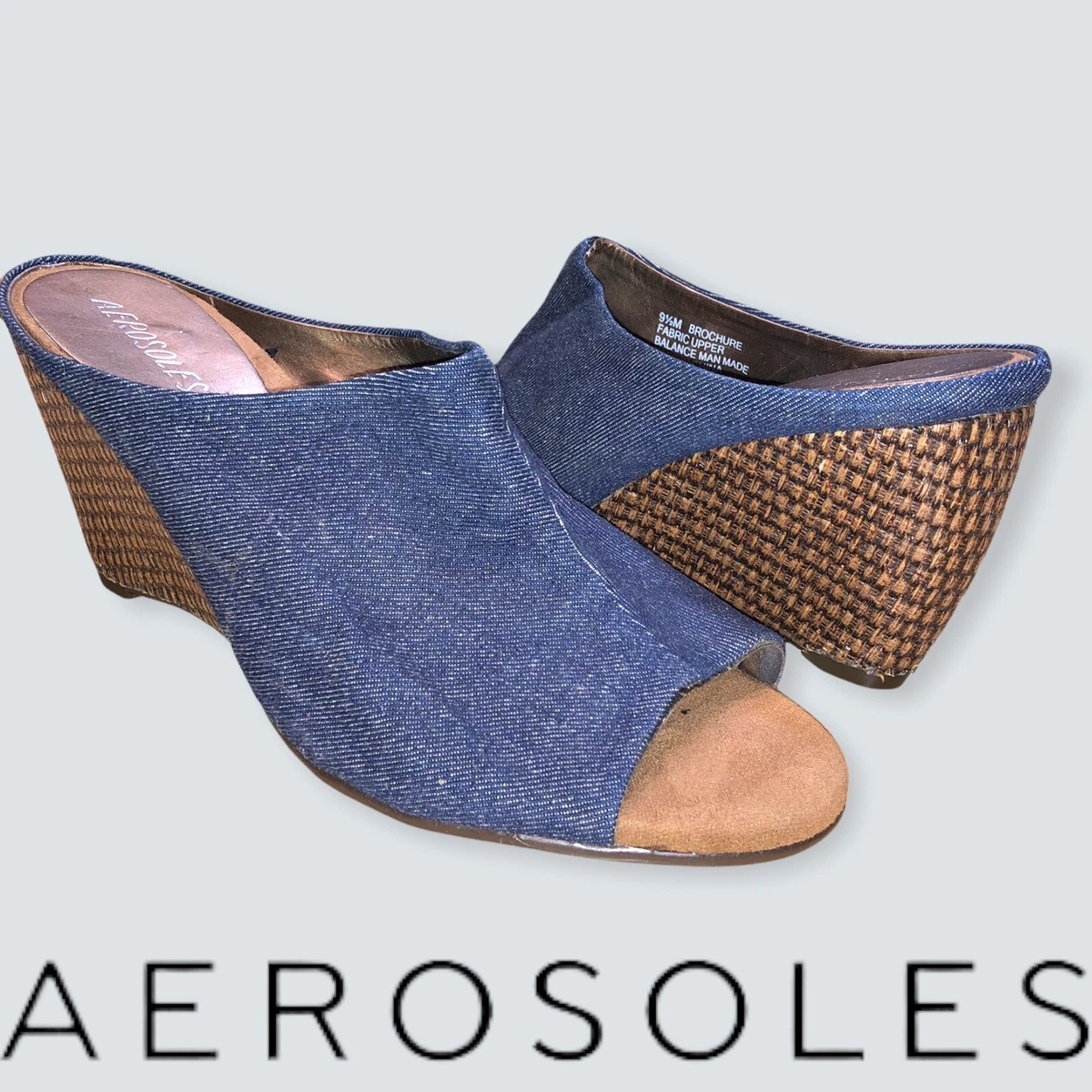 AEROSOLES Denim Wedge Slip Ons Women s sz 9.5 Blue Open Toe Slip