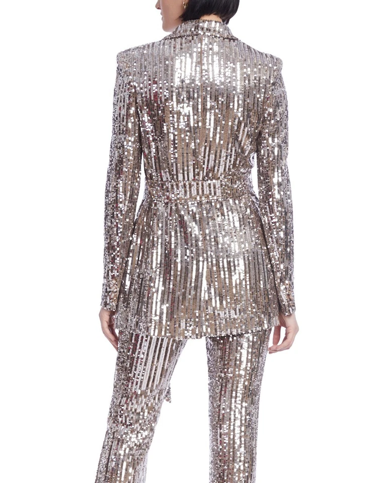 Badgley Mischka Sequin Mono-Stripe Wrap Blazer Sash sz 2 Silver Gold Cocktail — 第 2/3 张图片