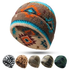 Thermal Beanie Hat Winter Windproof Ski Skull Cap Fashion Prints Soft Fleece Hat