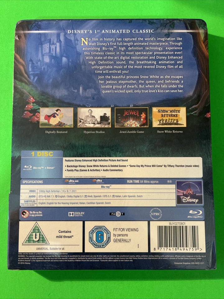 DISNEY'S SNOW WHITE AND THE SEVEN DWARFS - UK LENTICULAR BLU RAY STEELBOOK - NEW - Image 2 of 4