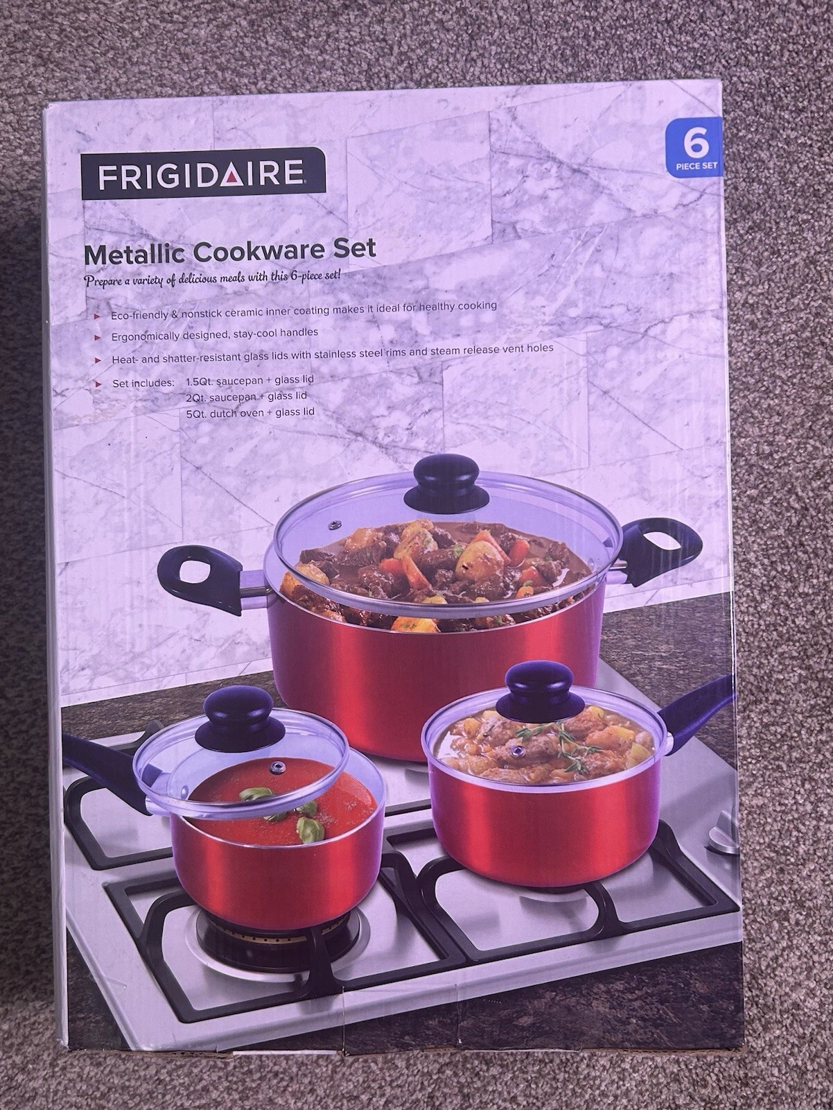 New Frigidaire Metallic Cookware 6 PC Pot Set Red Eco Friendly Nonstick Ceramic
Opens in a new windo