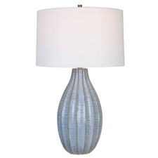 Curved Light Blue Ribbed Striped Table Lamp 28 in Ceramic Contemporary Cottage