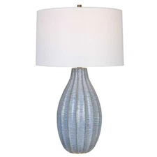 Curved Light Blue Ribbed Striped Table Lamp 28 in Ceramic Contemporary Cottage