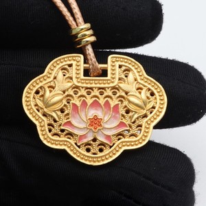 Authentic Pure S999 Silver Yellow Gold Plated Women Lucky LOtus Flower Ruyi Pendant 16g