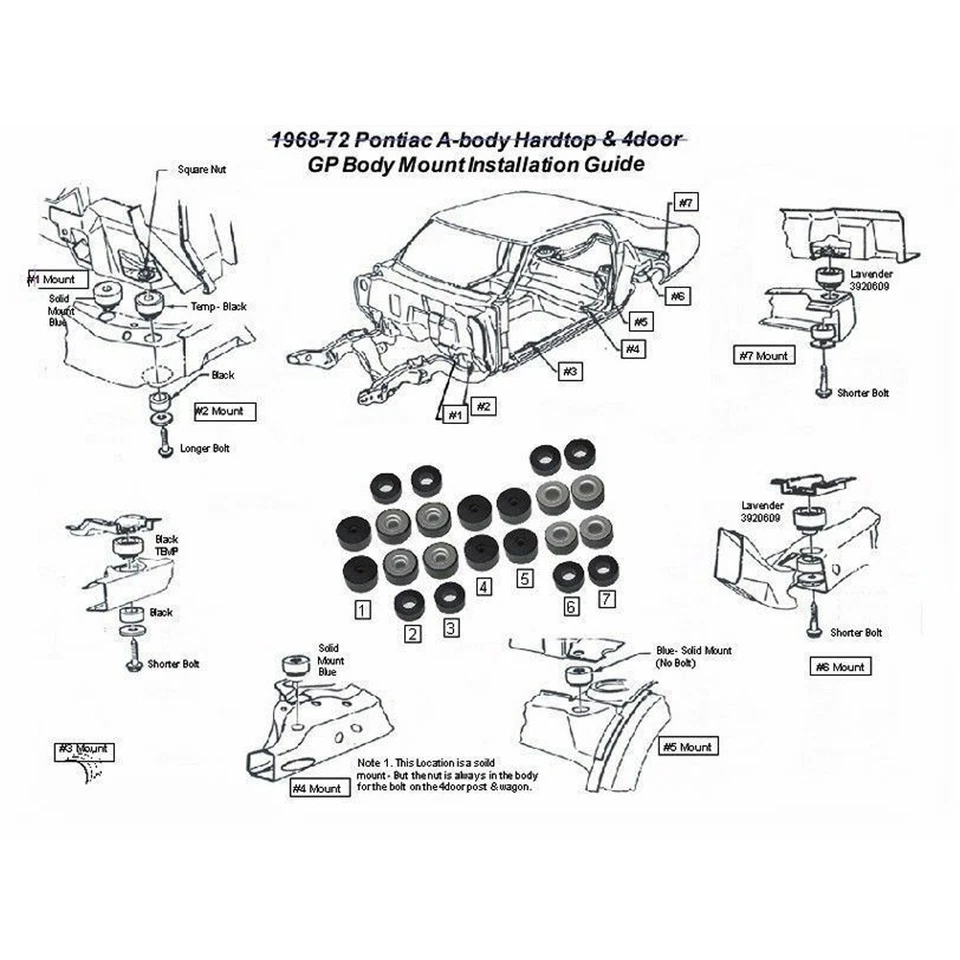 Cojines de montaje de carrocería de goma Pontiac Lemans Grand Prix 1968-72 techo rígido 22 piezas Foto 2 de 4