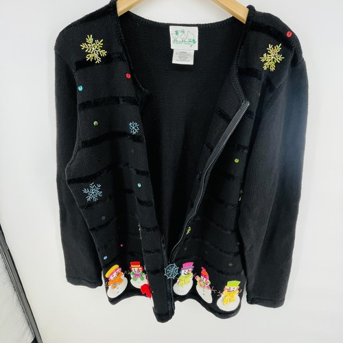 Vintage The Quacker Factory Sweater Size L Zip Beaded Embroidered Snowman Black - Picture 7 of 16