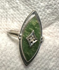 Vintage Art Deco 10k White Gold Oval Green Jade Stone Diamond Accent Ring Size 7