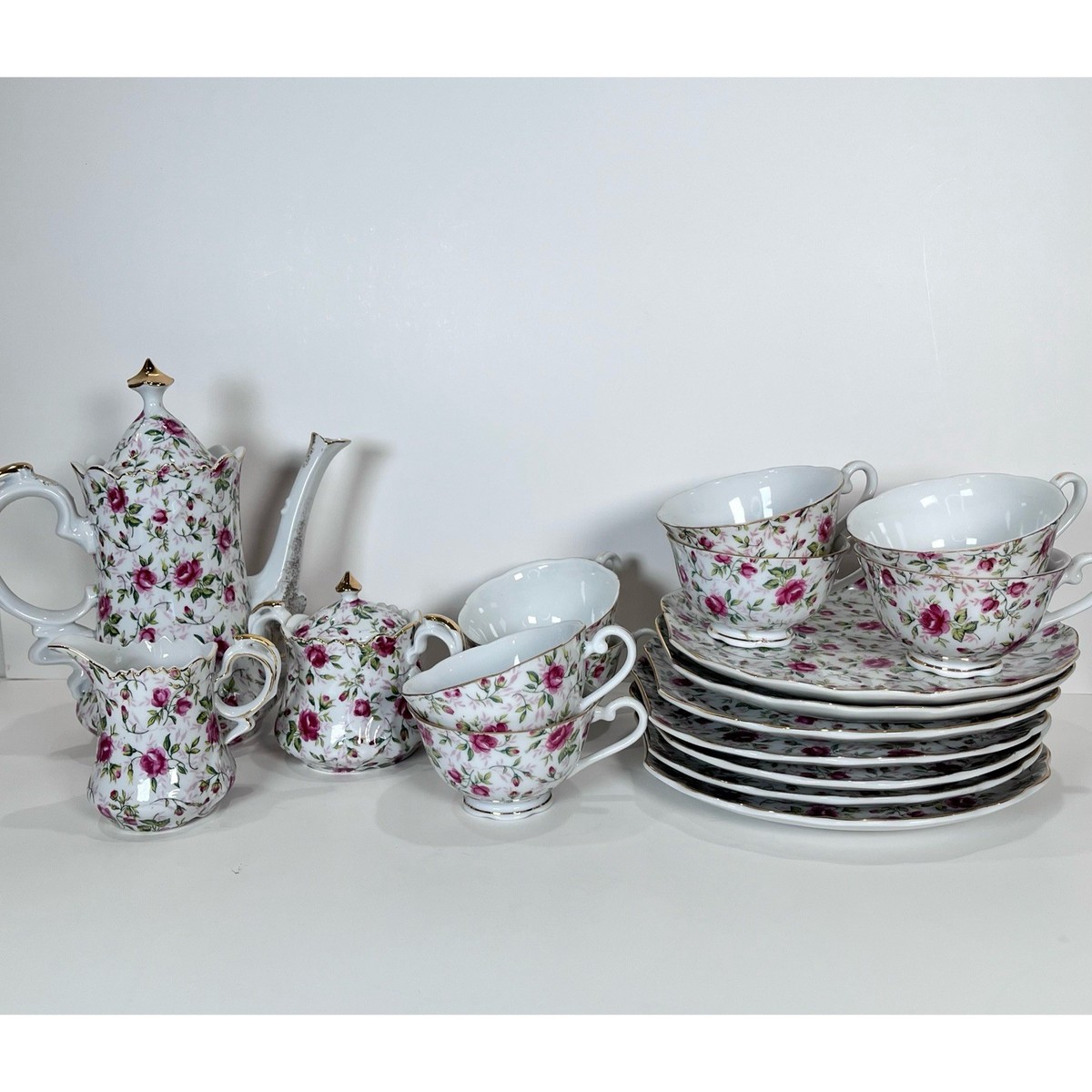 Vtg 18pc Lefton China Rose Chintz Tea Coffee Pot Sugar Creamer