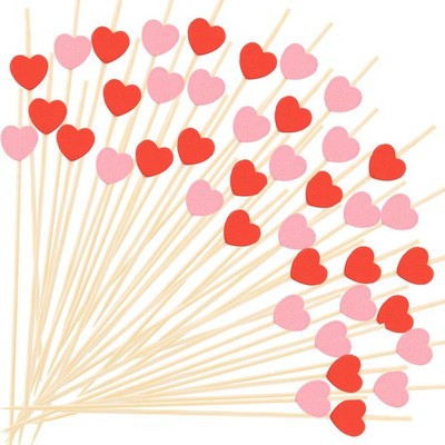 100Pcs Heart Cocktail Picks, Valentines Day Red Pink Heart Bamboo Toothpicks ...