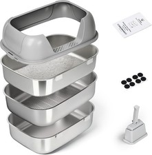 Triple Pan Stainless Steel Sifting Cat Litter Box Large High Sided Metal Litter