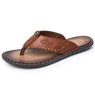 Mens Flip Flops Casual Leather Home Sandals For Mens Rubber Sole Slippers (Co...