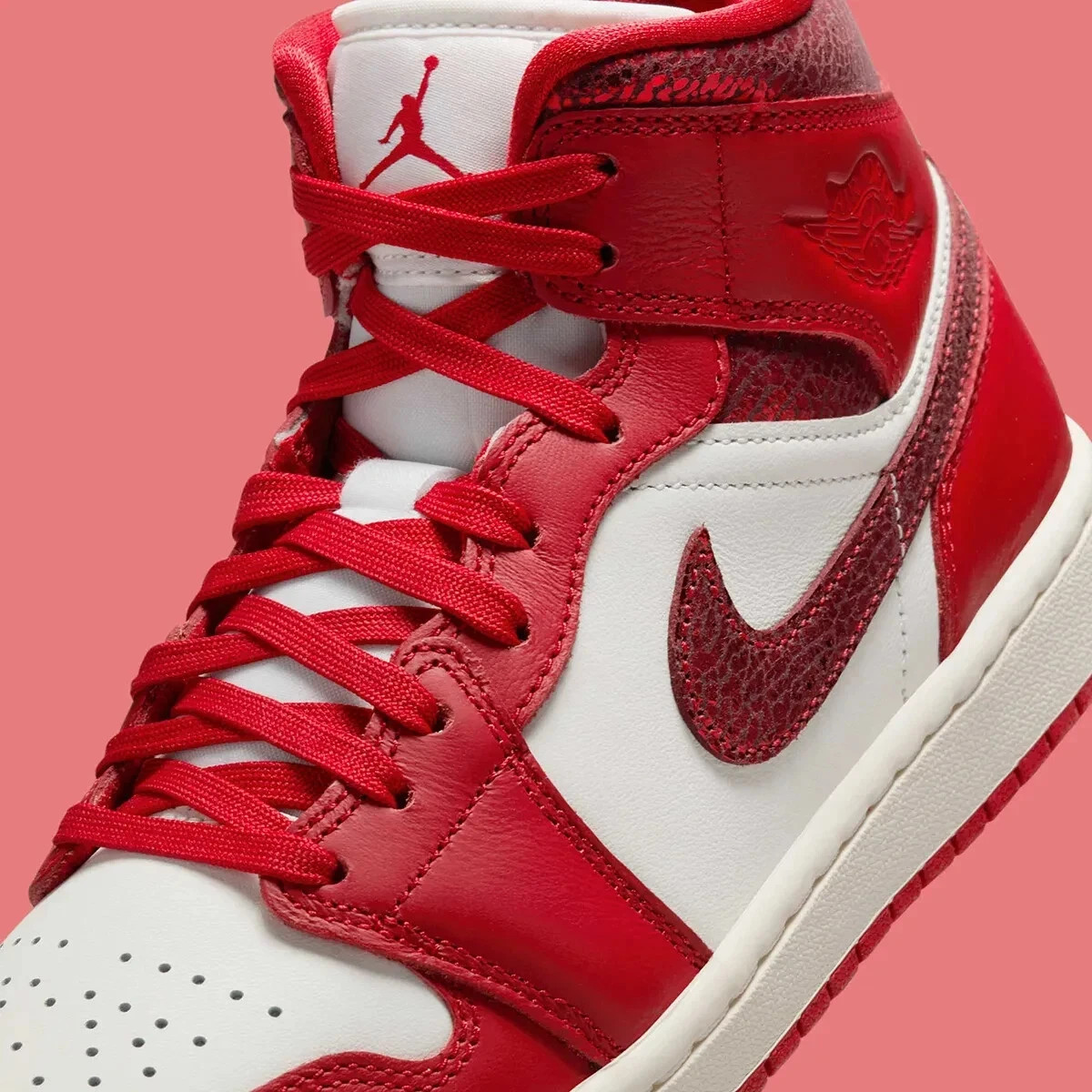 Nike Air Jordan 1 Mid Cracked Red Leather Sail Sneakers HJ9337-106