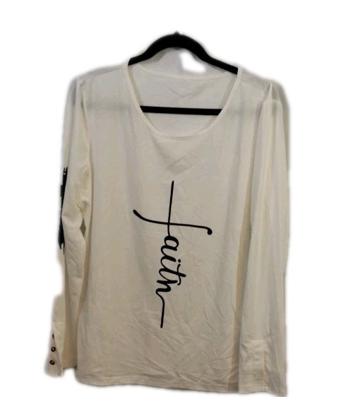 Women White Faith Long Sleeve Shirt Cross On Arm Size Xl