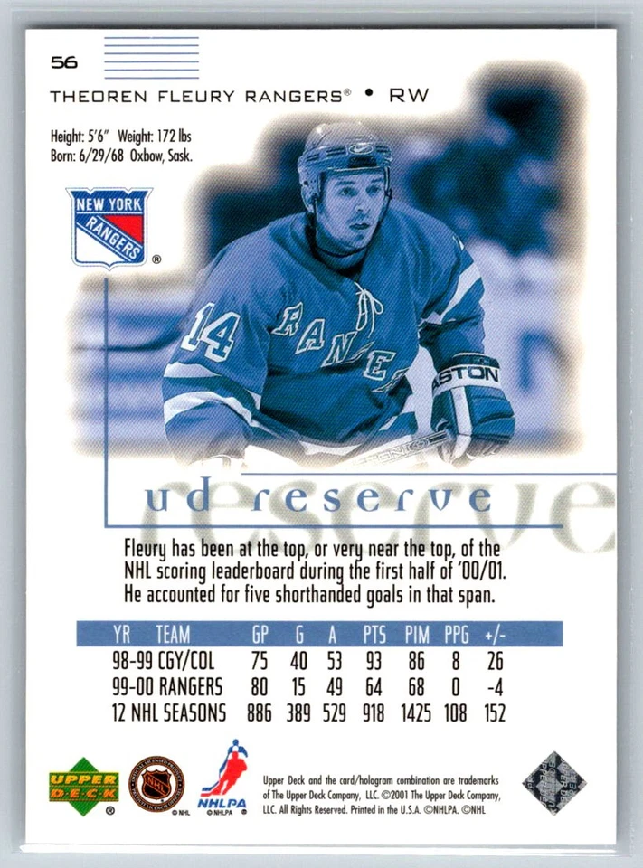 2000 UD Reserve #56 Theoren Fleury New York Rangers - Image 2 of 2