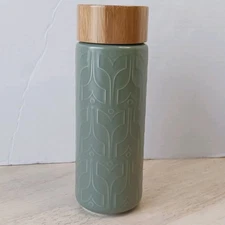 World Market Ceramic Tumbler Olive Green With Bamboo Lid 10 oz
