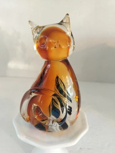 Murano Style Art Glass Cat Figurine Amber Multicolor Swirl Hand Blown Decor