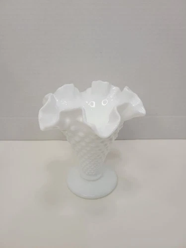 Vintage Fenton Hobnail Milk Glass Ruffled Small Bud Vase 5½" Fluted Stand