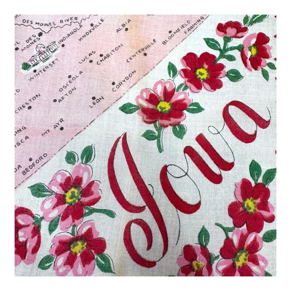Antigo Lenço Retrô Feminino Hankie Borda Recortada Hibisco Iowa Mapa do Estado LEIA - Imagem 2 de 4