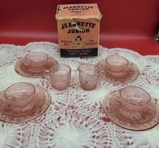 Vintage Jeanette Jr Pretty Polly Pink Depression Glass Childs Set 14 Pieces