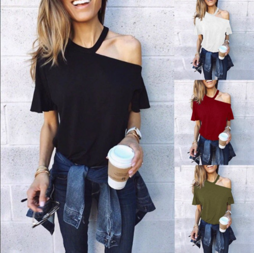 Hot Selling T-shirt Solid Color Short Sleeve Hanging Neck Off-shoulder Woman Top - Picture 1 of 14
