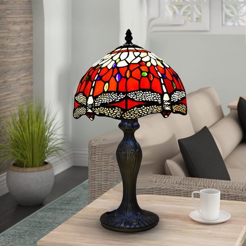 Tiffany Style Table Lamp Red Dragonfly 10 inch Stained Glass Shade Multicolor UK - Picture 7 of 15