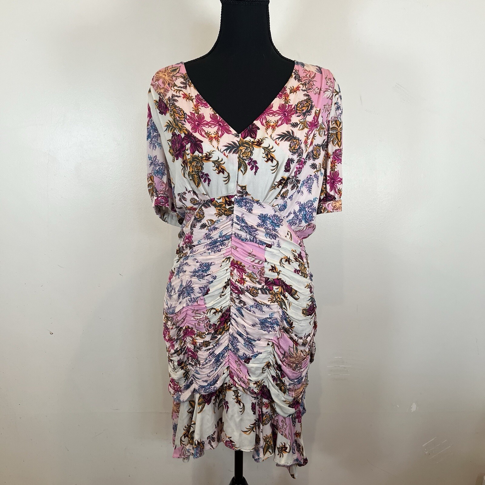 Adelyn Rae Women's Pink Floral Ruched Short Sleeve Viscose Dress L