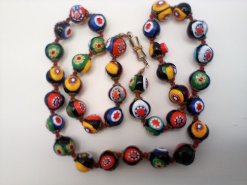 Italian Venetian Murano Glass Millefiori Mosaic Beaded Necklace