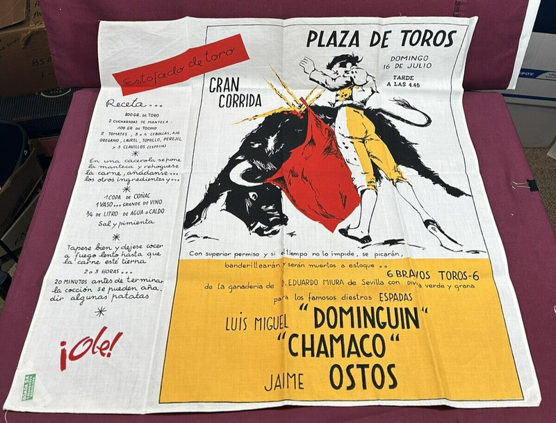 Vtg “Plaza de Toros July 16 1957” bullfighting Tapestry Poster Spain Dominguin