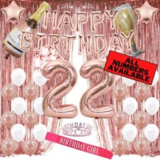 22nd Birthday Rose Gold Decorations - 40" Number Balloons, Foil Curtains  More