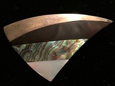Geometric Fan Shaped Pin Brooch Pendant Multi-Colored Mother of Pearl Iridescent