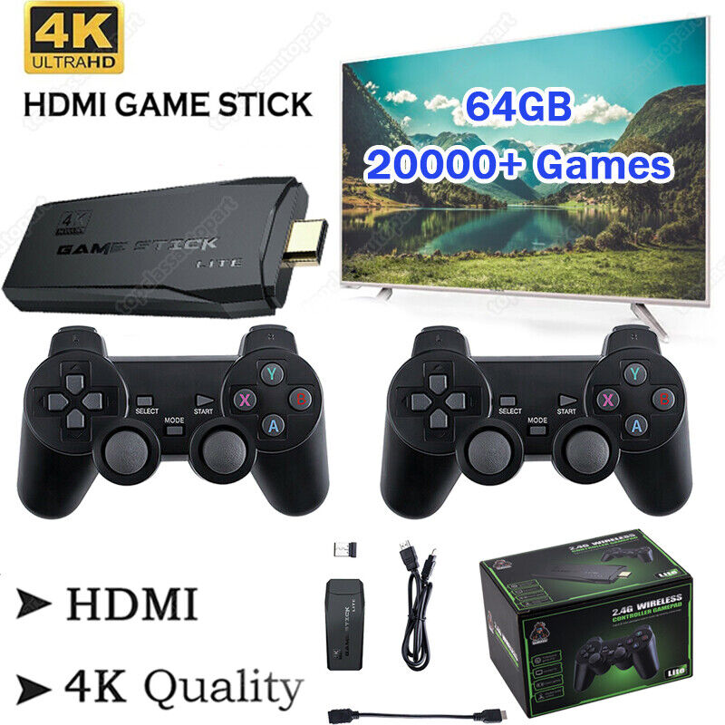 HDMI 4K TV Game Stick Console Built-in 64GB 20000+Retro Games+2 Wireless  Gamepad