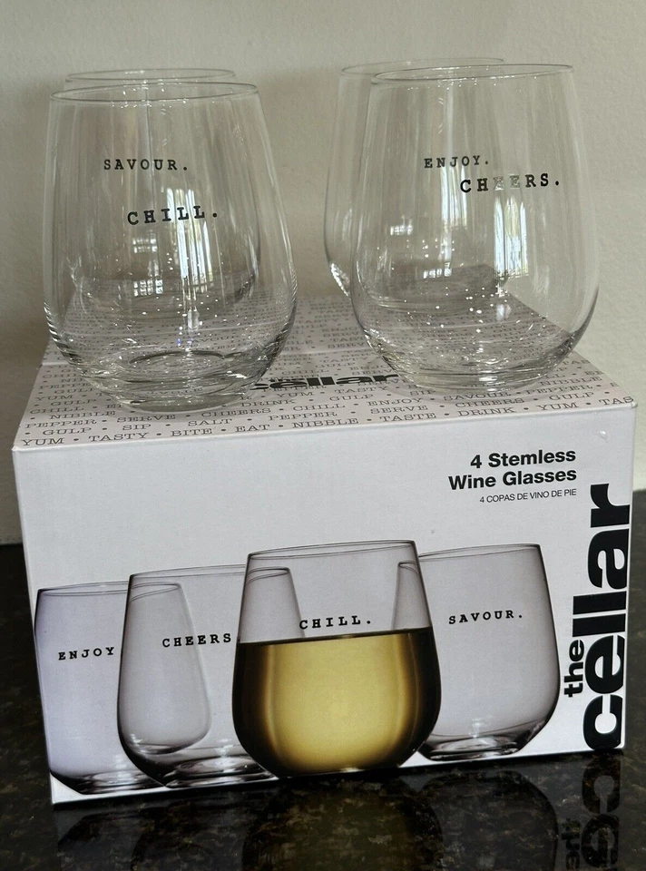 Juego de 4 copas de vino sin tallo The Cellar en caja tamaño 19 oz fiesta celebrar Foto 4 de 4