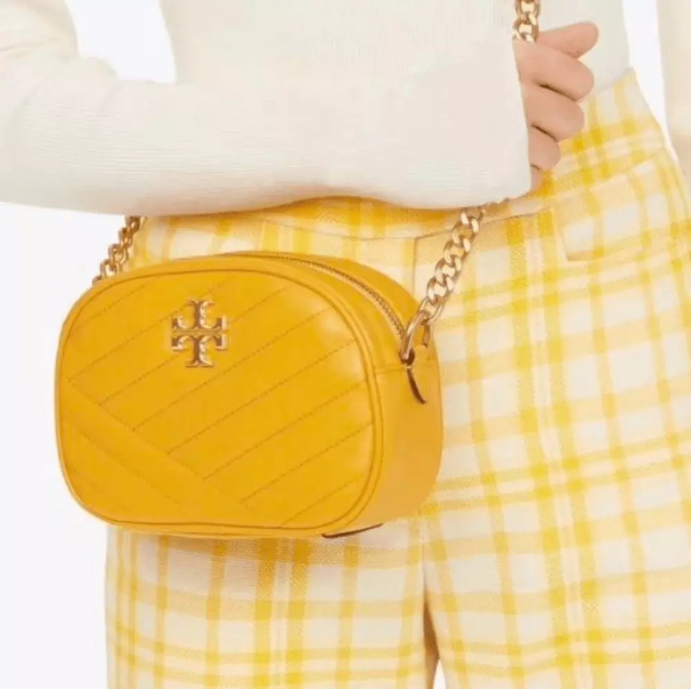 TORY BURCH YELLOW QUILTED LEATHER KIRA CROSSBODY CAMERA BAG GOLD CHAIN TASSEL