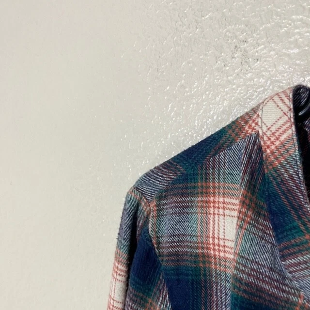 Catálogo Sundance Top Mujer Franela Mediana Azul Naranja Cuadros BOHO Dobladillo Crudo Foto 2 de 4