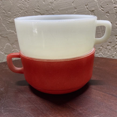 Vintage Pair of Fire King Anchor Hocking Large Oven Proof Stackable Mugs
