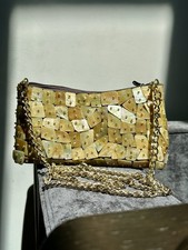 Mother of Pearl Mosaic Clutch Purse Gold Chain Evening Bag Shell Handbag