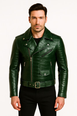 Men s Green Crocodile Pattern Leather Jacket Premium Belted Motorcycle Style