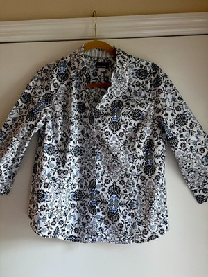 Basic Editions Womens MED BlueWhite Floral Button Up Shirt 3/4 Sleeve Cotton Bld