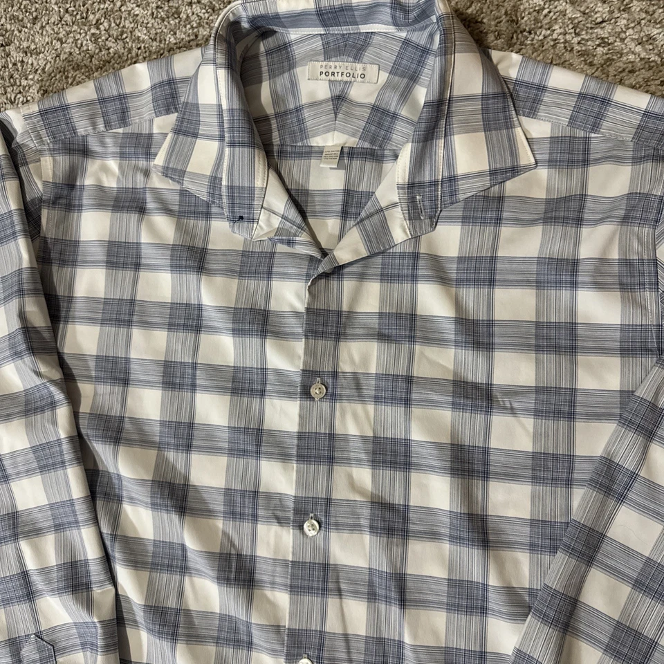 Camisa de vestir a cuadros azul poliéster talla 17 1/2 34/35 Perry Ellis PORTFOLIO para hombre Foto 2 de 4