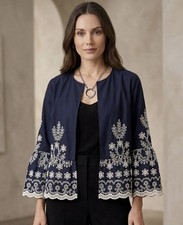 Zara Blue w/ White Embroidered Design Jacket Duster with Ruffles Size Small