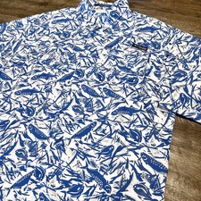 Columbia PFG Super Tamiami Shirt Mens Large Blue White Fish Vented Fishing AOP