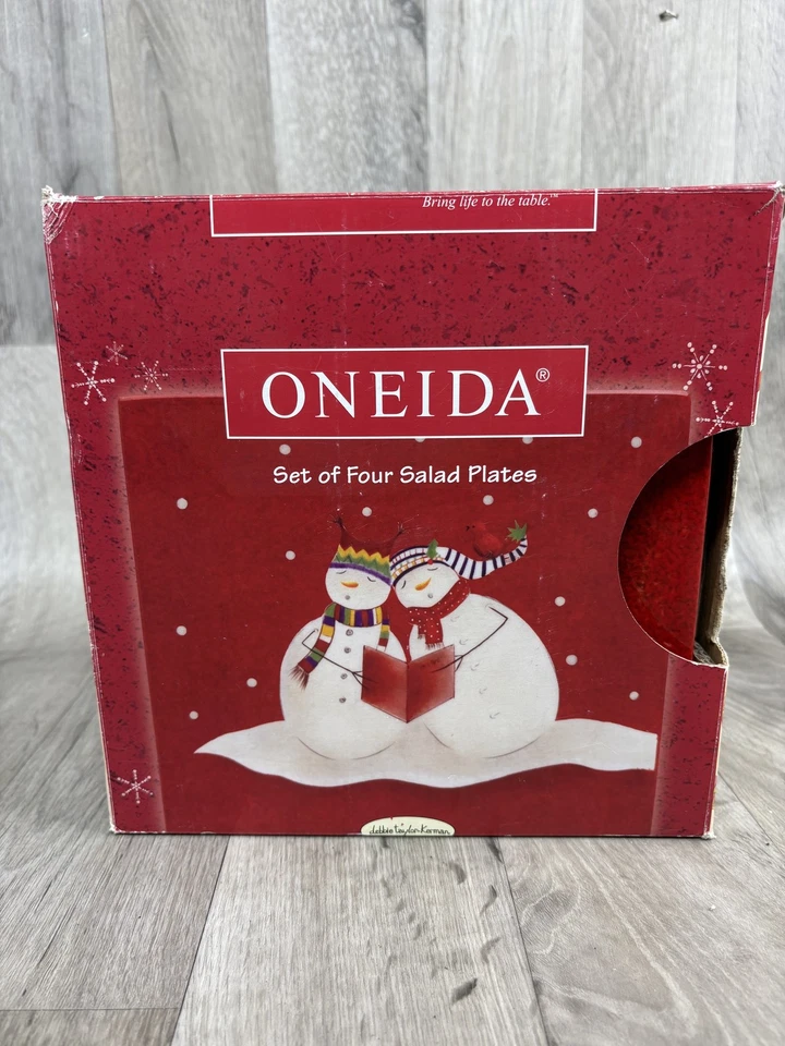 Oneida Snowmates Set of Four Salad Plates Holiday Snowman Christmas Red Boxed - Image 2 of 4