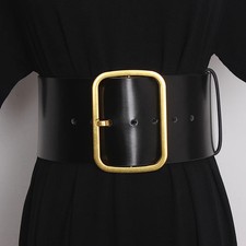 Genuine Leather Belt 9.5cm Wide Metal Buckle Solid Black Women Waistband