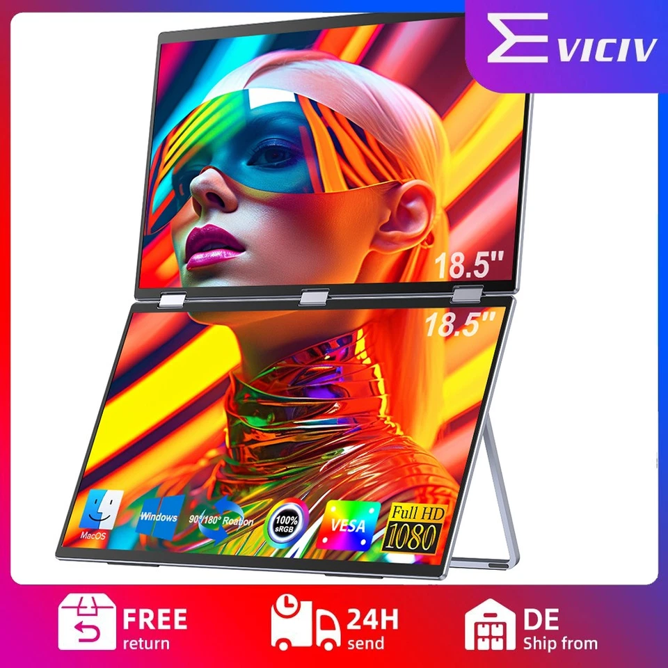 Eviciv 18,5" Tragbarer Dual-Monitor Klappdisplay 1080P 60Hz Bildschirm Treiber B