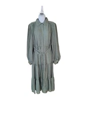 MAX STUDIO L Green Multi Long Sleeve Tiered Tie Waist Dress Cottagecore Boho