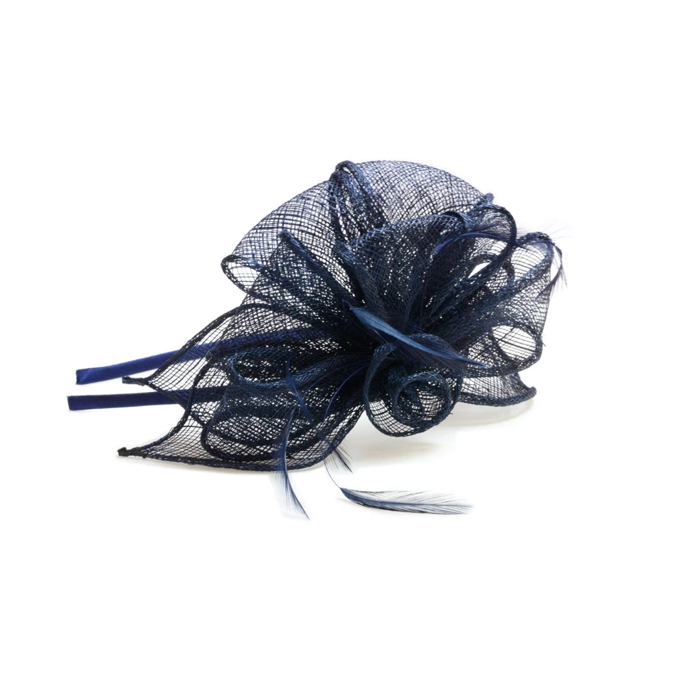 Navy Blue Fascinator Alice Hair Band with Stiffened Net Loops and Feather Ten... - Image 3 of 4