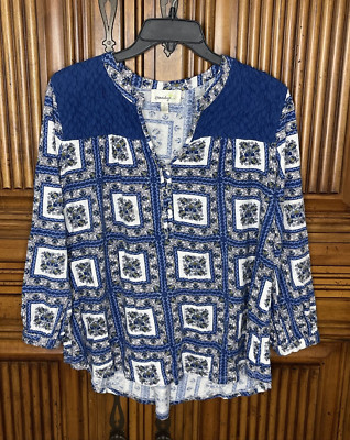 Porridge Anthropologie Women Top Medium Blue White Boho Cottagecore Tile Pattern