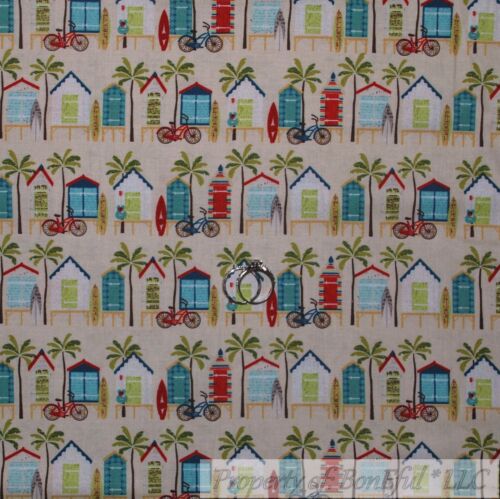 BonEful Fabric FQ Cotton Quilt Tan Sand House Bike Surf Board Palm Tree US Ocean - Picture 1 of 12