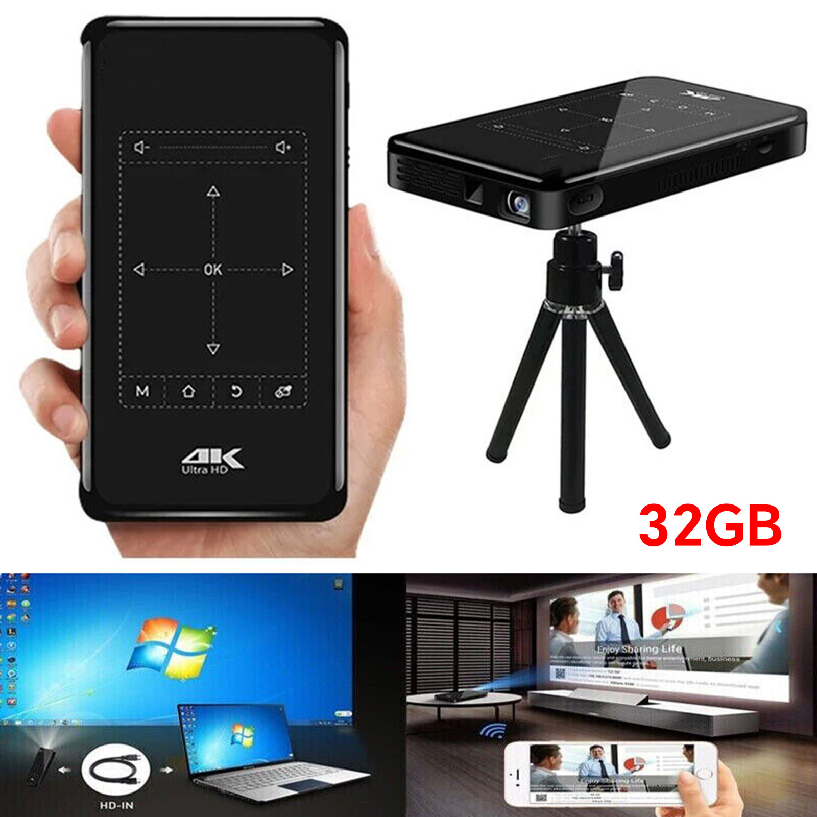 32G 4K 1080P HD Smart Mini Projector Android WiFi Bluetooth Home Theater-image